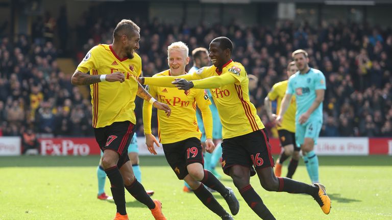 Roberto Pereyra celebrates restoring Watford's lead during the Premier League match between Watford and Bournemouth at Vicarage Road on March 31, 2018