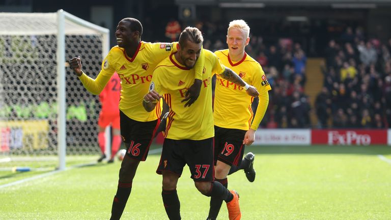 Roberto Pereyra celebrates restoring Watford's lead during the Premier League match between Watford and Bournemouth at Vicarage Road on March 31, 2018