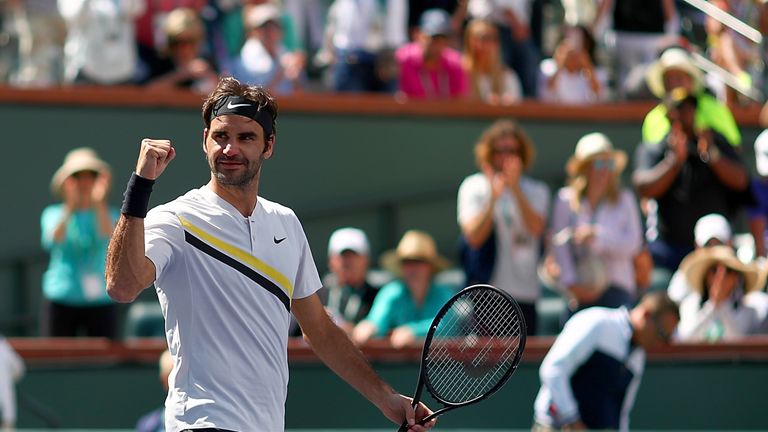 Roger Federer celebrates match point against Borna Coric of Croatia during their semifinal match at BNP Paribas Open - Day 13 on March 17, 2018 in Indian Wells, California.