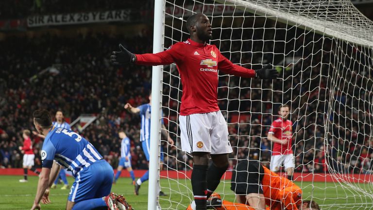 Romelu Lukaku celebrates scoring for Manchester United against Brighton