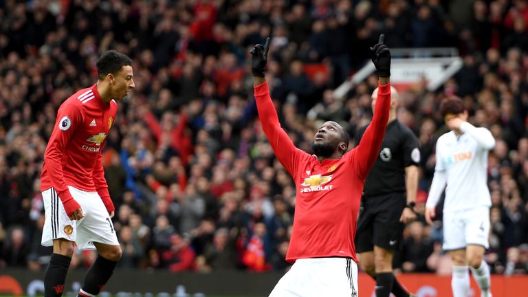 Romelu Lukaku celebrates after giving Manchester United the lead during the Premier League match against Swansea City at Old Trafford on March 31, 2018