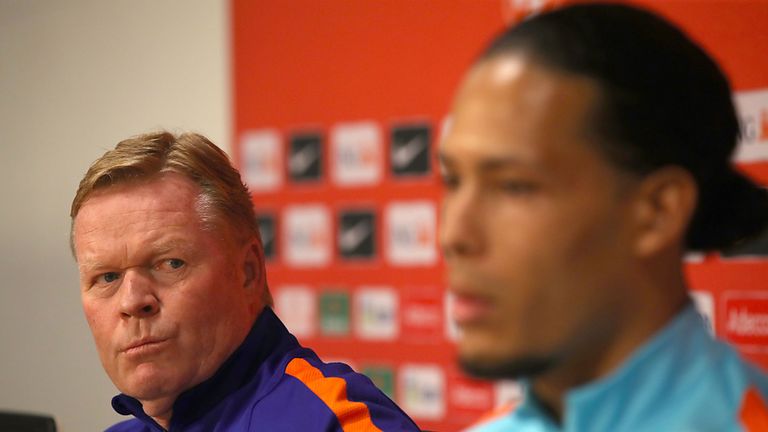 Netherlands Manager Ronald Koeman and newly appointed captain Virgil van Dijk speak during a press conference at the Amsterdam ArenA