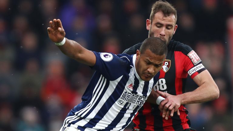Salomon Rondon holds off Steve Cook during West Brom's defeat to Bournemouth in the Premier League.