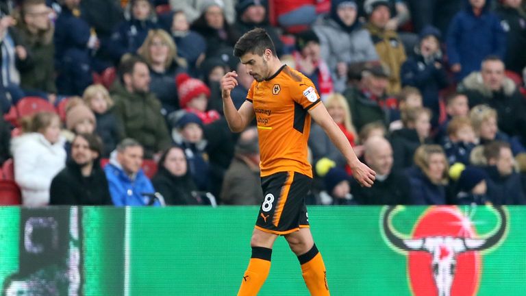 Wolverhampton Wanderers' Ruben Neves leaves the pitch after being dismissed by match referee Stuart Atwell (not pictured) during the Sky Bet Championship match at the Riverside Stadium