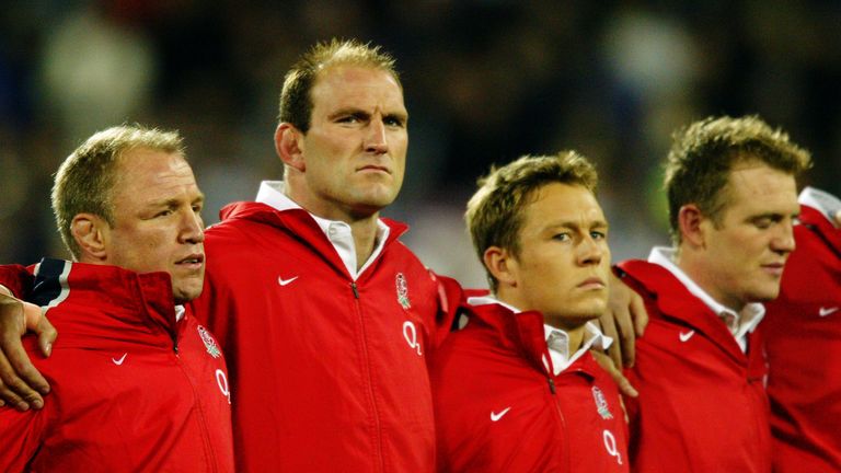 Lawrence Dallaglio of England lines up with team-mates Neil Back and Jonny Wilkinson prior to England's series clinching 15-13 victory against New Zealand in Wellington on June 14, 2003