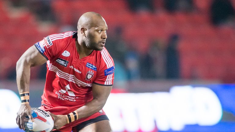 Robert Lui attacking for Salford Red Devils in the Betfred Super League