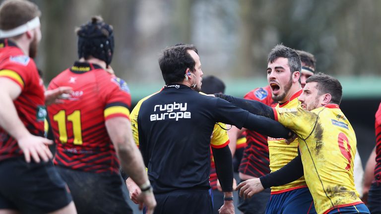 Spain players react angrily to Romanian referee Vlad Iordaschescu during their RWC Qualifier defeat to Belgium in Brussels