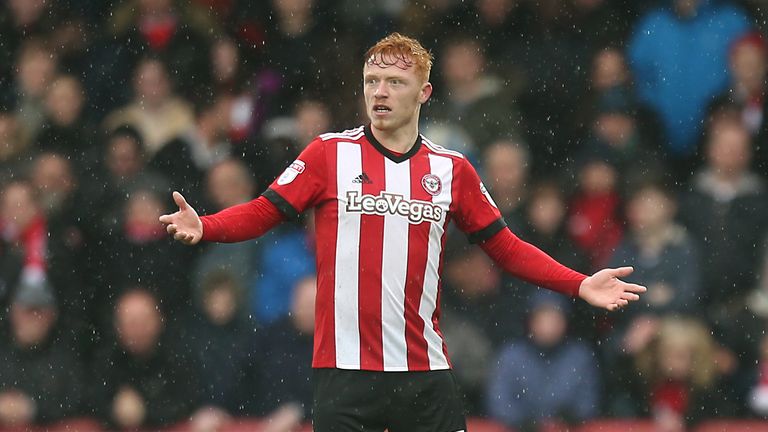 Brentford's Ryan Woods after being shown a red card for an altercation with Sheffield United goalkeeper Jamal Blackman (not pictured) during the Sky Bet Championship match at Griffin Park