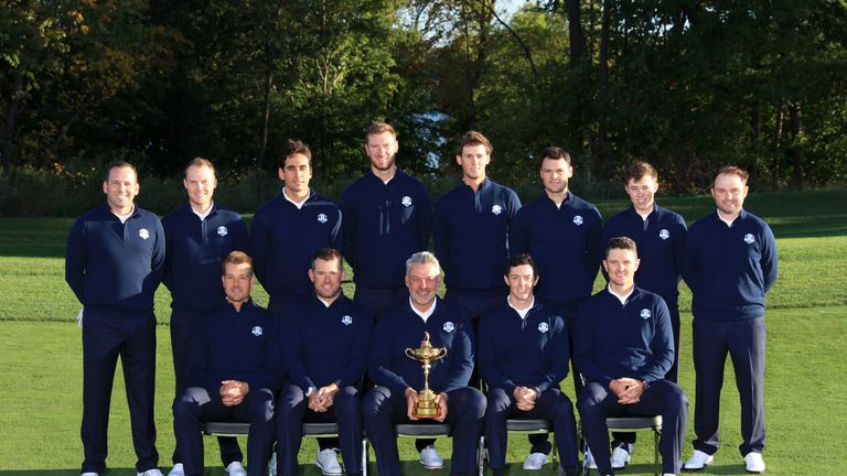 pose during team photocalls prior to the 2016 Ryder Cup at Hazeltine National Golf Club on September 27, 2016 in Chaska, Minnesota.