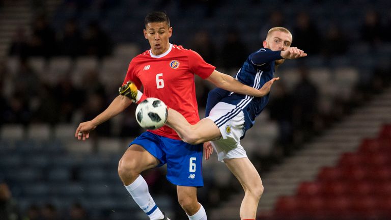 Scotland's Oli McBurnie (right) competes with Costa Rica's Oscar Duarte, international friendly, Hampden Park