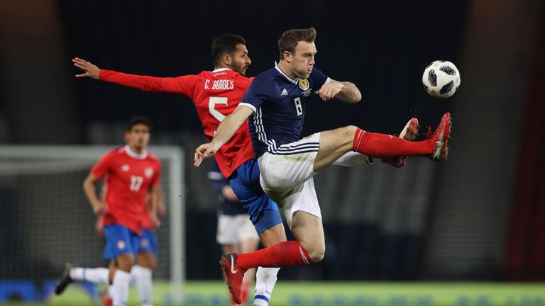GLASGOW, SCOTLAND - MARCH 23:  Celso Borges of Costa Rica  vies with Kevin McDonald of Scotland during the Vauxhall International Challenge match between Scotland and Costa Rica at Hampden Park on March 23, 2018 in Glasgow, Scotland. (Photo by Ian MacNicol/Getty Images)