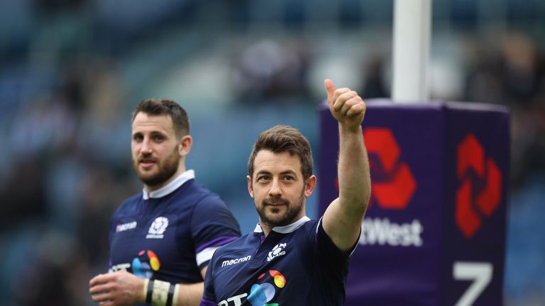 Greig Laidlaw of Scotland celebrates the victory after the NatWest Six Nations match between Italy and Scotland at Stadio Olimpico on March 17, 2018 in Rome, Italy.