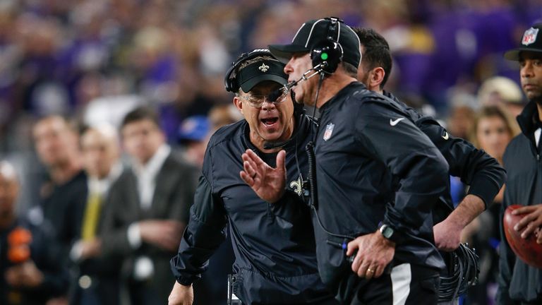 Head coach Sean Payton of the New Orleans Saints argues with a referee against the Minnesota Vikings
