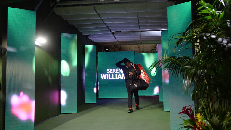 Serena Williams walks out of the tunnel for her first round tennis match against Zarina Diyas, of Kazakhstan, during Day 4 of the BNP Paribas Open on March 8, 2018 in Indian Wells, California