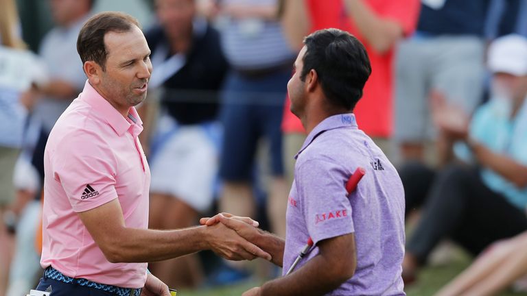 Sergio Garcia and Shubhankar Sharma during the first round of the World Golf Championships-Dell Match Play at Austin Country Club on March 21, 2018 in Austin, Texas.