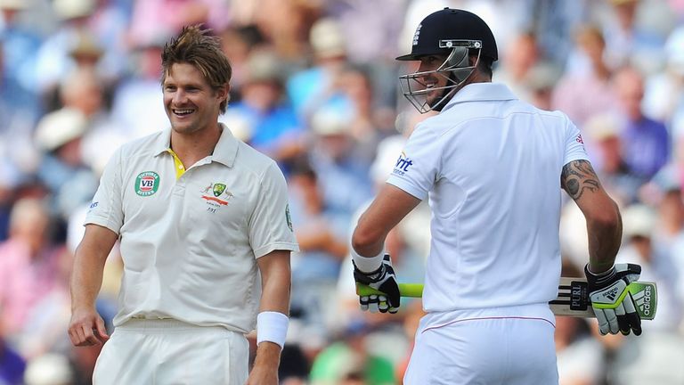 Shane Watson and Kevin Pietersen enjoy a lighter moment in the 2013 Ashes
