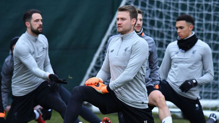 Simon Mignolet warms up during a training session prior to the UEFA Champions League Round of 16 second leg between Liverpool and FC Porto