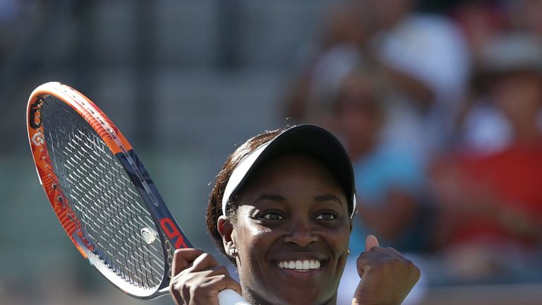 Sloane Stephens celebrates her victory over Victoria Azarenka of Belarus during the BNP Paribas Open on March 11, 2018 at the Indian Wells Tennis Garden in Indian Wells, California.