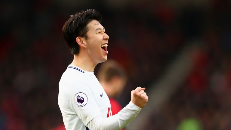 Heung-Min Son celebrates after scoring Tottenham's second at Bournemouth