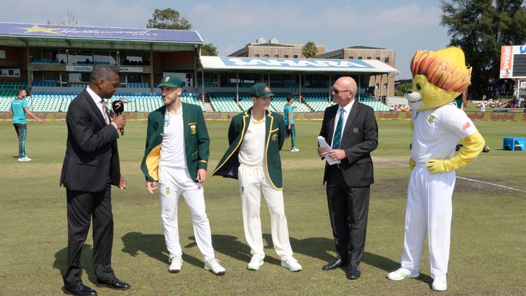 Michael Holding, Faf du Plessis of the Proteas, Steven Smith of Australia and Match Referee, Jeff Crowe during day 1 of the 1st Sunfoil Test match between South Africa and Australia at Sahara Stadium Kingsmead on March 01, 2018 in Durban, South Africa. (Photo by Lee Warren/Gallo Images)