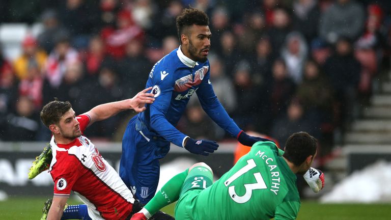 Maxim Choupo-Moting is denied by a last-ditch Jack Stephens tackle