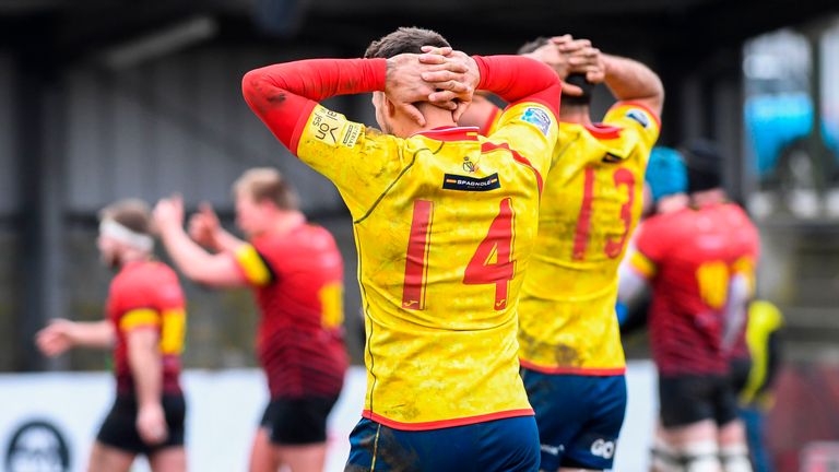 Spain's Brad Linklater reacts after losing 18-10 to Belgium in the Rugby World Cup 2019 European Qualifier in Brussels, on March 18