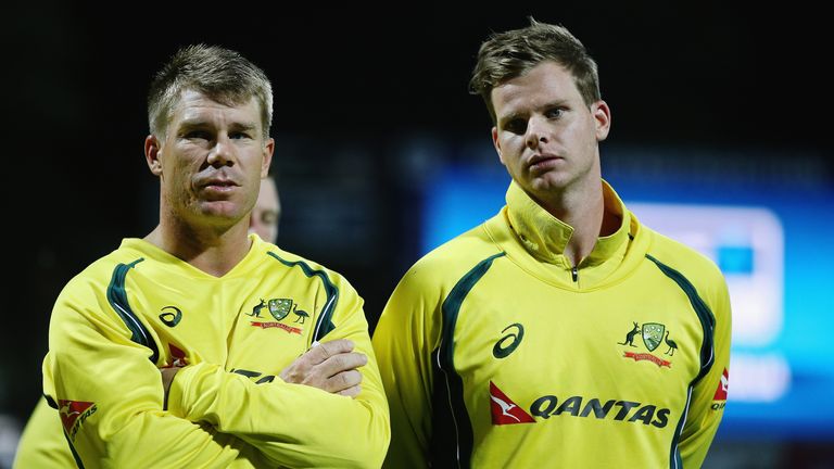 David Warner and Steve Smith during the 3rd One Day International cricket match between the New Zealand Black Caps and Australia at Seddon Park on February 8, 2016 in Hamilton, New Zealand. 