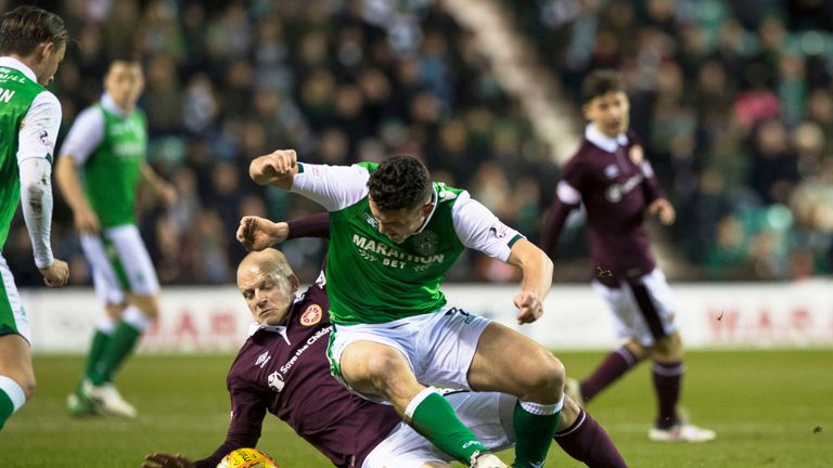 Hibernian's John McGinn (R) in action with Hearts striker Steven Naismith.