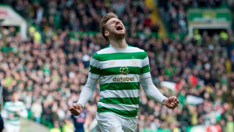 Celtic's Stuart Armstrong celebrates after scoring to make it 2-0