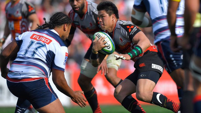 Harumichi Tatekawa of Sunwolves is tackled during the Super Rugby round 3 match between Sunwolves and Rebels at the Prince Chichibu Memorial Ground 