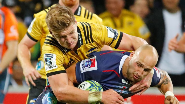 Bill Meakes of the Rebels runs with the ball during the round seven Super Rugby match between the Rebels and the Hurricanes
