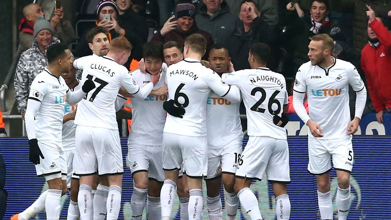 during the Premier League match between Swansea City and West Ham United at Liberty Stadium on March 3, 2018 in Swansea, Wales.