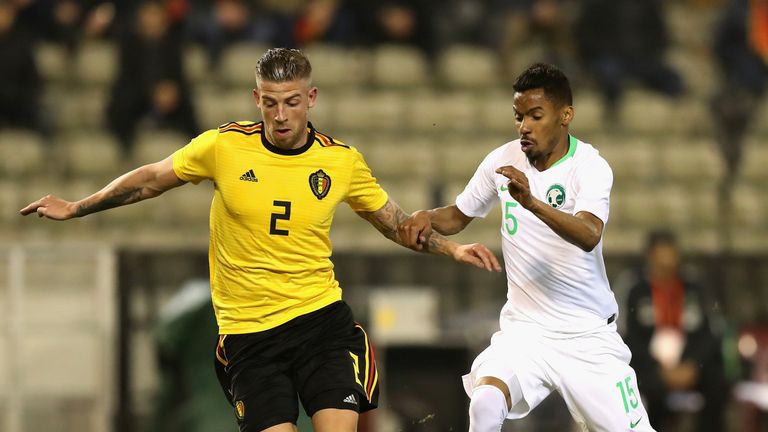 Toby Alderweireld of Belgium moves away from Salman Muwashar during the international friendly match between Belgium and Saudi Arabia 