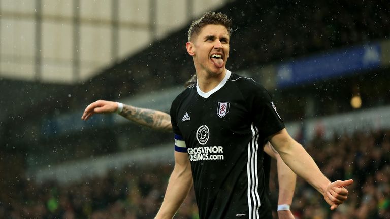 Tom Cairney celebrates scoring his Fulham's second goal during the Sky Bet Championship match against Norwich City and Fulham at Carrow Road on March 30, 2018