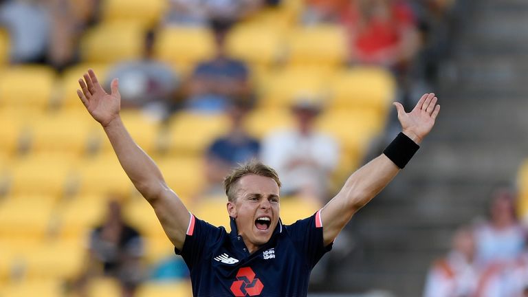 Tom Curran celebrates during the third ODI between England and New Zealand