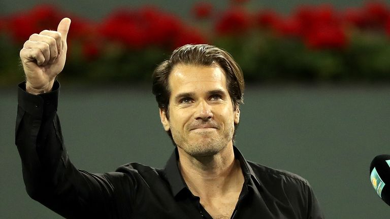 Tommy Haas announces his retirement at a ceremony after the Roger Federer quarterfnal match against Hyeon Chung during of the BNP Paribas Open at the Indian Wells Tennis Garden on March 15, 2018 in Indian Wells, California