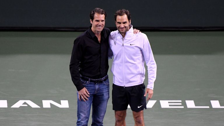 Tommy Haas of Germany poses for a photo with Roger Federer of Switzerland after announcing his retirement during the BNP Paribas Open at the Indian Wells Tennis Garden on March 15, 2018 in Indian Wells, California