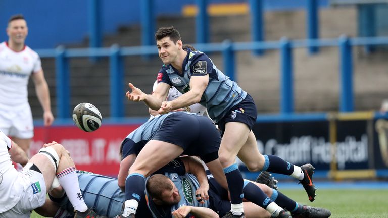 Tomos Williams distributing for Cardiff Blues against Ulster in Round 18 of the Guinness PRO14