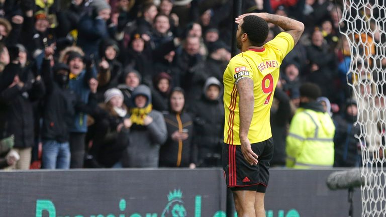 Troy Deeney salutes the Watford fans after scoring the winner at Vicarage Road