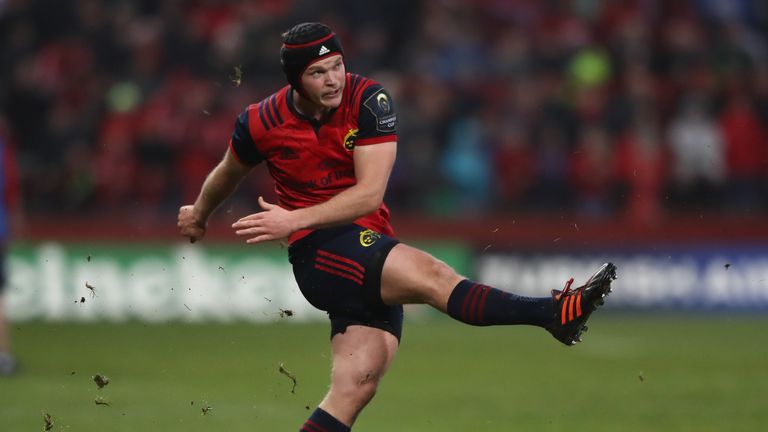 Tyler Bleyendaal kicks a penalty for Munster against Leicester Tigers