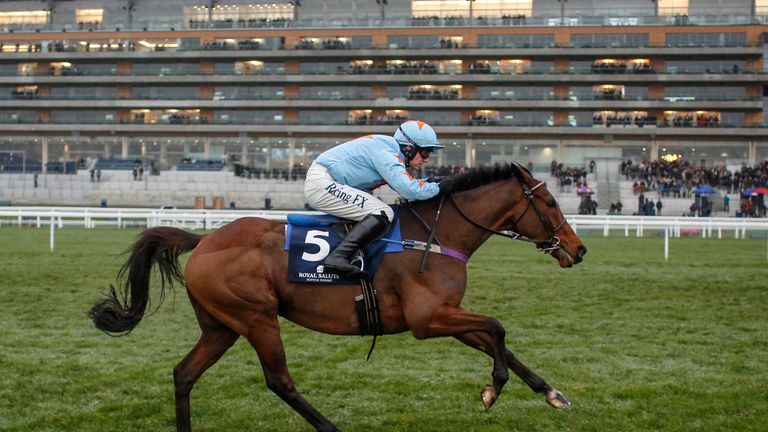 Paul Townend riding Un De Sceaux clear the last to win The Royal Salute Whisky Clarence House Steeple Chase at Ascot Racecourse 