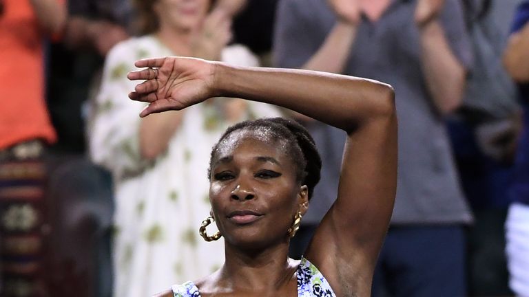 Venus Williams of United States celebrates her win over he sister Serena Williams during Day 8 of BNP Paribas Open on March 12, 2018 in Indian Wells, California.