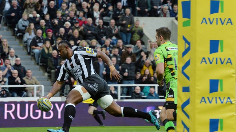 Vereniki Goneva  finishing a try for Newcastle Falcons at St James' Park against Northampton Saints