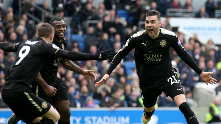 Vicente Iborra celebrates after giving Leicester City the lead during the Premier League match against Brighton