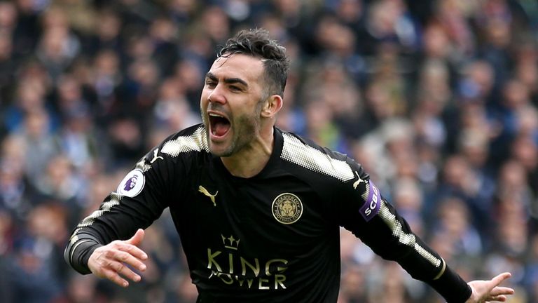 Vicente Iborra celebrates after giving Leicester City the lead during the Premier League match against Brighton