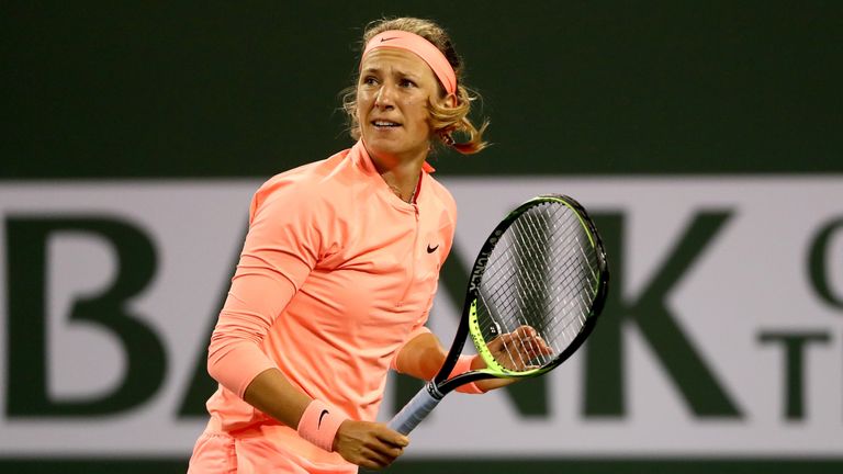 Victoria Azarenka of Belarus plays Heather Watson of Great Britain during the BNP Paribas Open at the Indian Wells Tennis Garden on March 8, 2018 in Indian Wells, California