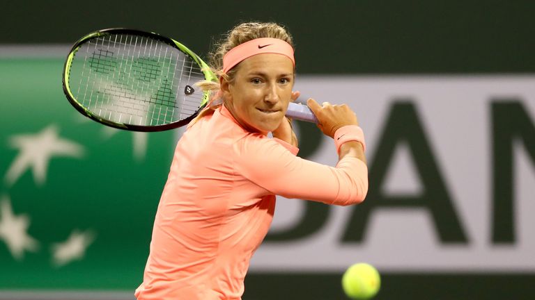 Victoria Azarenka of Belarus returns a shot to Heather Watson of Great Britain during the BNP Paribas Open at the Indian Wells Tennis Garden on March 8, 2018 in Indian Wells, California.