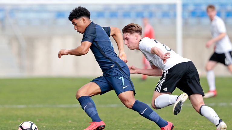 FARO, PORTUGAL - FEBRUARY 11: Lenny Borges (R) of Germany U17 chalenges Xavier Amaechi (L) of England U17 during U17-Juniors Algarve Cup match between U17 Germany and U17 England at Algarve Stadium on February 11, 2018 in Faro, Portugal. (Photo by Ricardo Nascimento/Getty Images)