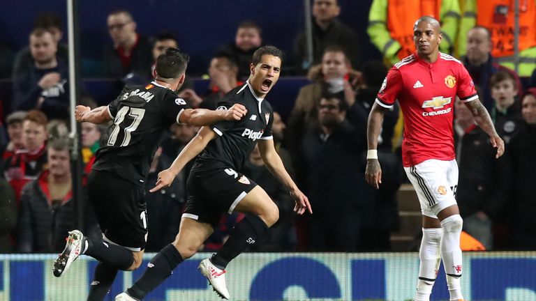 Wissam Ben Yedder celebrates after scoring Sevilla's first goal