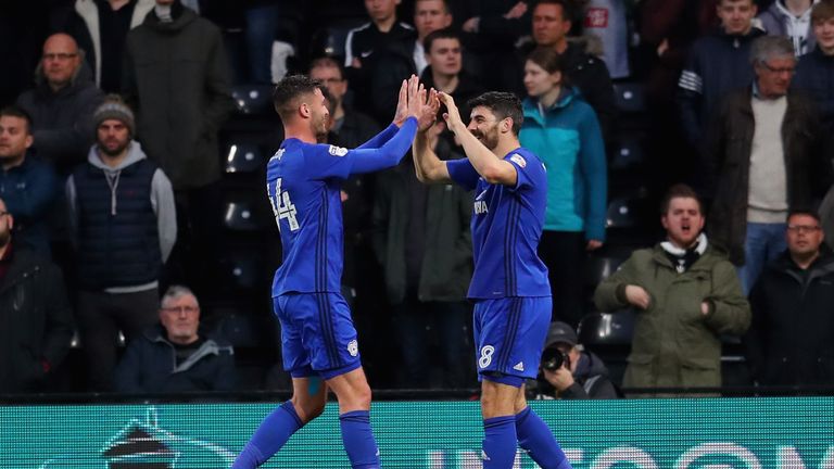 Callum Paterson celebrates with team-mate Gary Madine after putting Cardiff ahead
